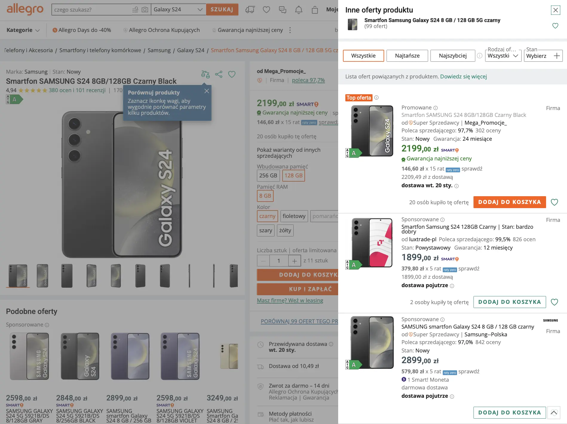 Analiza cen na Allegro - panel porównania ofert produktu z widocznymi wariantami cen